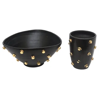 Pre-owned Alvino Bagni 1960's Black Ceramic & Gold Studs Bowl And Vase Set By  For Bitossi