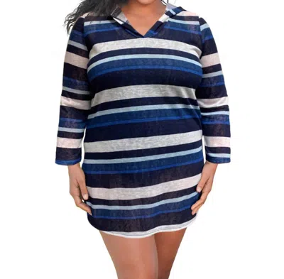 Always For Me Plus Size Long Sleeve Hooded Cover Up Tunic In Blue Stripe