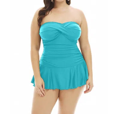 Always For Me Plus Size Twist Front Bandeau Strapless Shirred Swimdress In Peacock In Blue