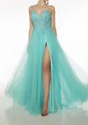 Alyce Paris Appliqué Corset Tie-back Tulle A-line Gown In Pool In Yellow
