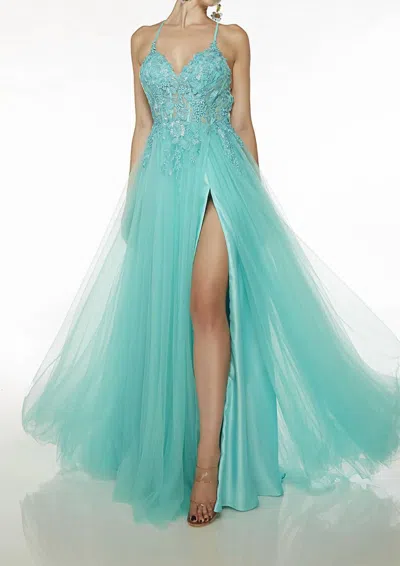 Alyce Paris Appliqué Corset Tie-back Tulle A-line Gown In Pool In Yellow