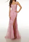 Alyce Paris Appliqué Lace Gown With Leg Slit In Shocking Pink In Pink
