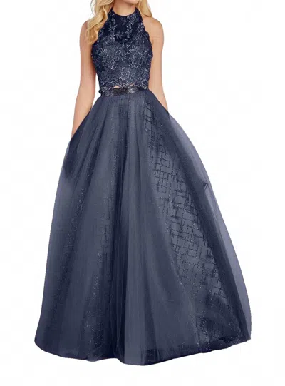 Alyce Paris Appliqued Illusion Halter Open Back Gown In Navy In Blue