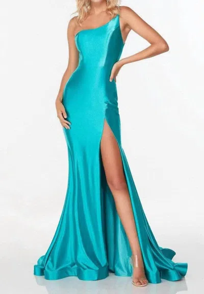 Alyce Paris Asymmetrical Satin Evening Gown In Lagoon