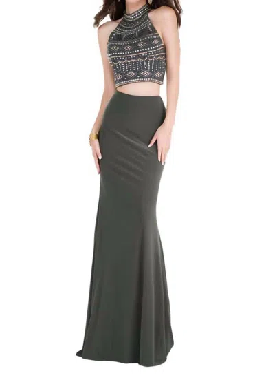 Alyce Paris Beaded Crop Two Piece Halter Gown In Moss In Green