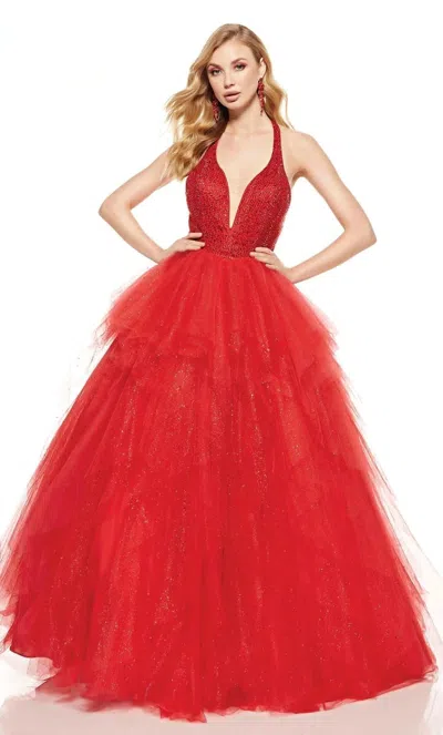 Alyce Paris Beaded V Neck Layered Tulle Ball Gown In Red