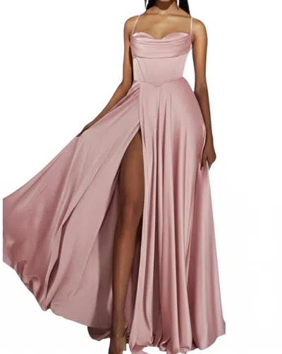 Alyce Paris Cowl Neckline Satin A-line Prom Dress With Slit In Rosewater In Pink