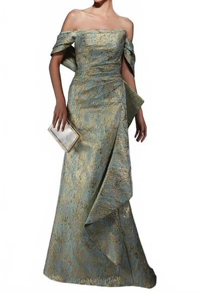 Alyce Paris Detachable Sleeve Jacquard Mermaid Dress In Sea Glass Gold In Green
