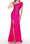 Alyce Paris Feather Sleeve One Shoulder Embellished Dress In Electric Fuchsia