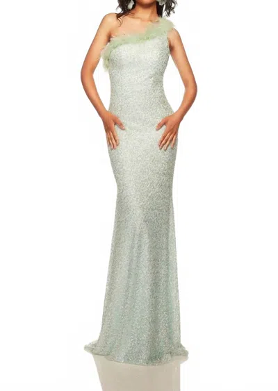 Alyce Paris Feathered Asymmetric Neck Prom Gown In Sea Foam In Blue