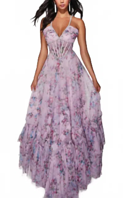 Alyce Paris Floral A-line Dress With Pearl Accents In Pink Floral Print In Purple