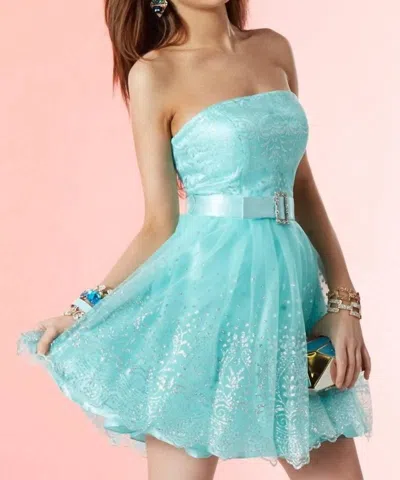 Alyce Paris Floral Lace Strapless A-line Short Prom Dress In Aqua/silver In Blue