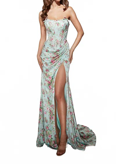 Alyce Paris Floral Mermaid Gown With High Slit In Tiffany In Multi