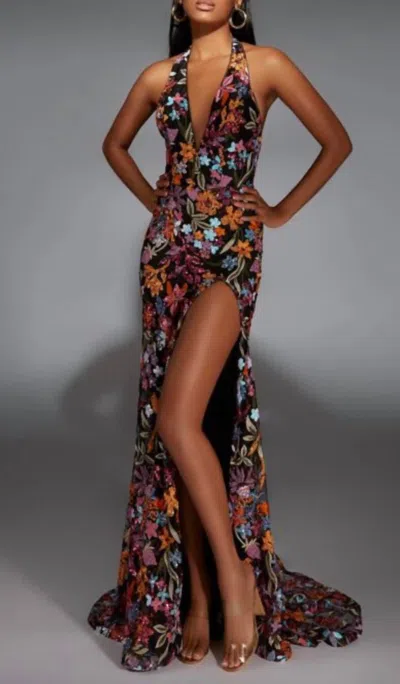 Alyce Paris Floral Sequin Halter Neck Dress In Black Multi