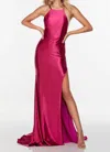 Alyce Paris Halter Neck High Slit Evening Dress In Cranberry In Pink