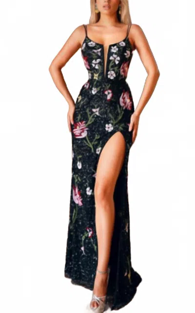 Alyce Paris Hand-beaded Floral Dress In Black/multi