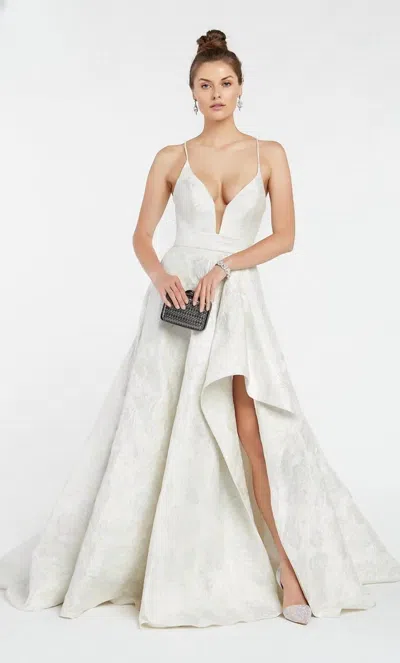 Alyce Paris Jacquard V Neck Slit Gown In Ivory In White