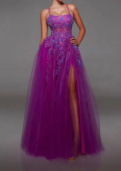 Alyce Paris Lace Corset Leg Slit A-line Dress In Neon Magenta In Multi