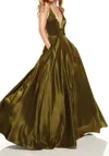 Alyce Paris Long A-line Velvet Gown In Olive In Green