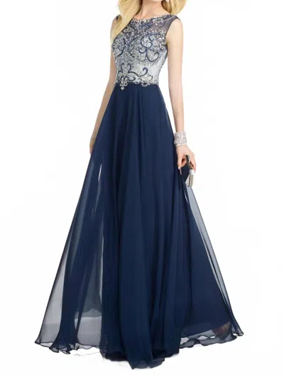 Alyce Paris Long Chiffon Beaded Dress In Ocean In Multi