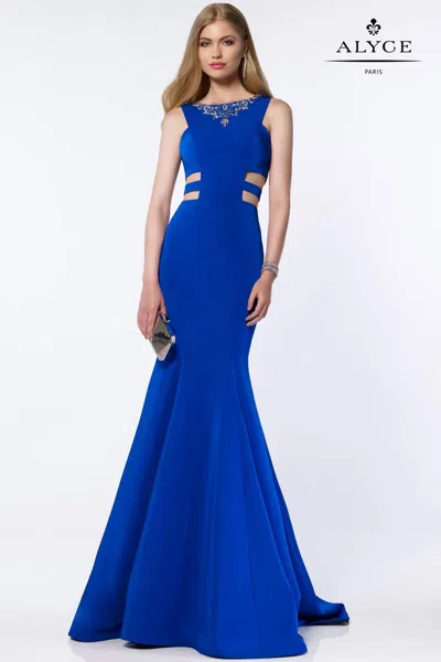 Alyce Paris Long Fit And Flare Side Cut Out Gown In Royal Blue In Multi