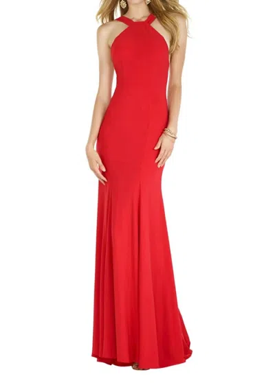 Alyce Paris Long Jersey Knit Halter Dress In Red