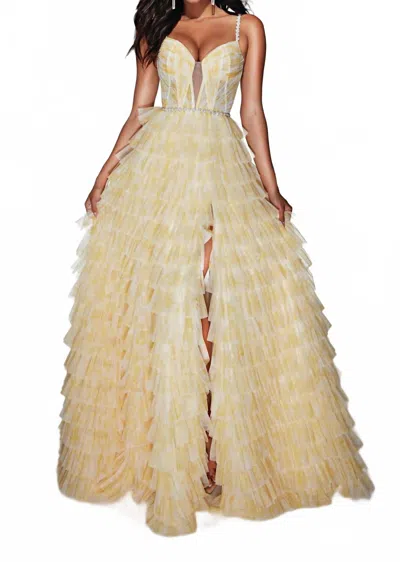 Alyce Paris Long Plunging Neckline Ruffled A-line Gown In Buttercup In Yellow
