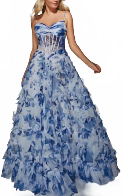 Alyce Paris Long Printed Ruffle Dress In Blue Print