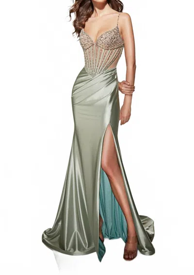 Alyce Paris Long V-neckline Slit Mermaid Dress In Celadon In Green
