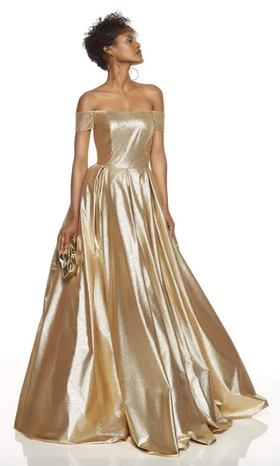 Alyce Paris Metallic Off The Shoulder Gown In Gold In Red