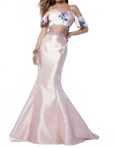 Alyce Paris Off Shoulder Mermaid Maxi Dress In Crystal Print In Pink