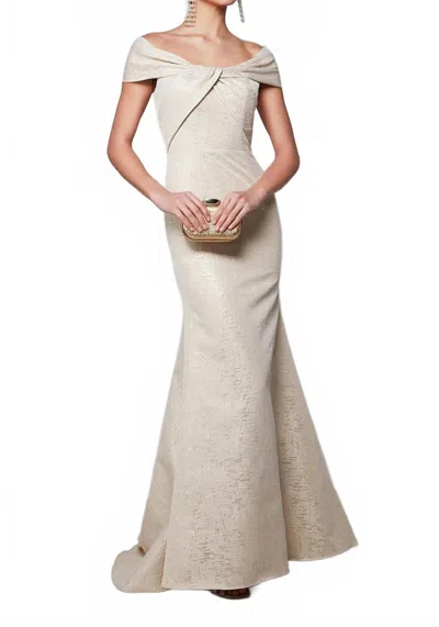 Alyce Paris Off The Shoulder Jacquard Dress In Champagne/gold In Neutral