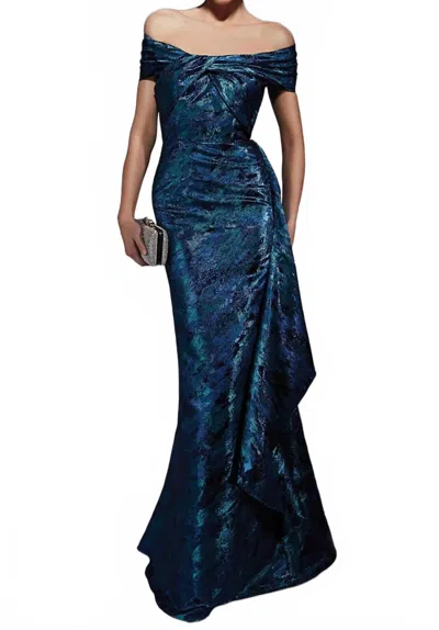 Alyce Paris Off-shoulder Draped Jacquard Maxi Dress In Royal In Blue