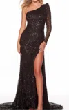 Alyce Paris One Shoulder Mesh Sequin Gown In Black