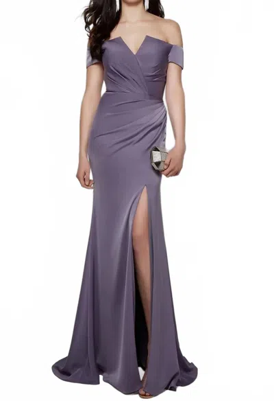 Alyce Paris Pleated Off Shoulder Gown In Purple Haze In Gray