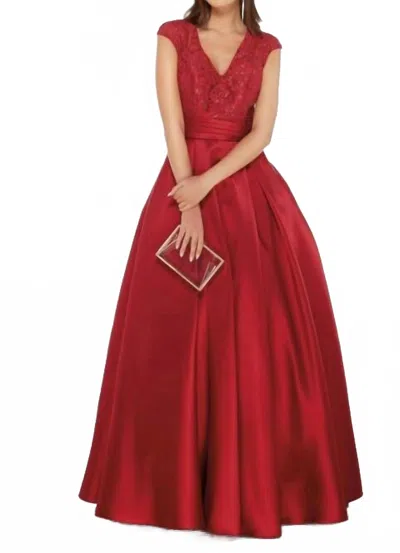 Alyce Paris Pleated Skirt Lace Bodice Dress In Crimson Red