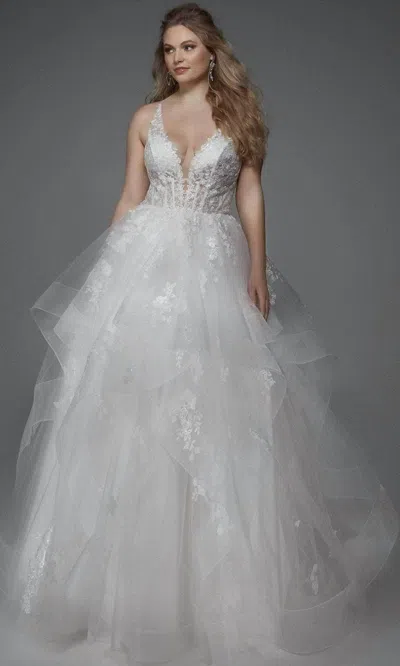 Alyce Paris Plunging Floral Applique Ball Gown In Diamond White /azure Blue