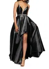 Alyce Paris Plunging Neck Strappy Back High-low Taffeta Gown In Black In Black