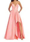 Alyce Paris Plunging Neck Strappy Back High-low Taffeta Gown In Coral In Pink