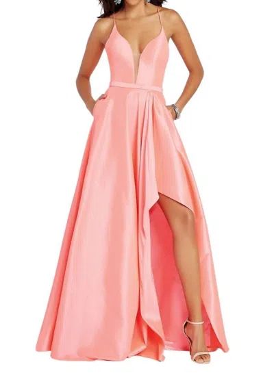 Alyce Paris Plunging Neck Strappy Back High-low Taffeta Gown In Coral In Pink
