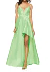 Alyce Paris Plunging Neck Strappy Back High-low Taffeta Gown In Lime In Green