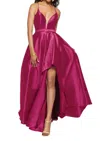 Alyce Paris Plunging Neck Strappy Back High-low Taffeta Gown In Raspberry In Multi