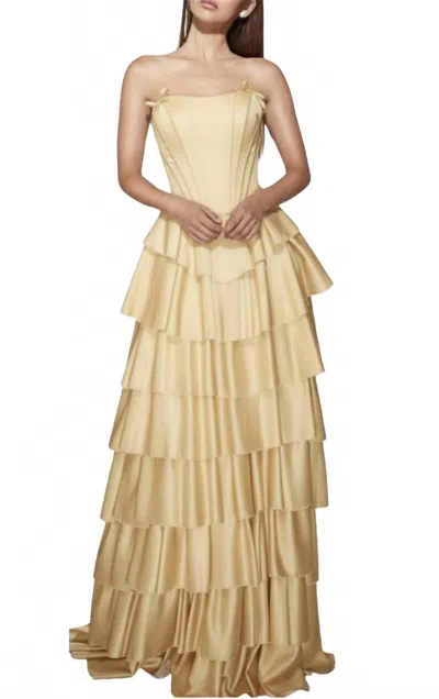 Alyce Paris Ruffle Satin Ballgown In Yellow In Gold