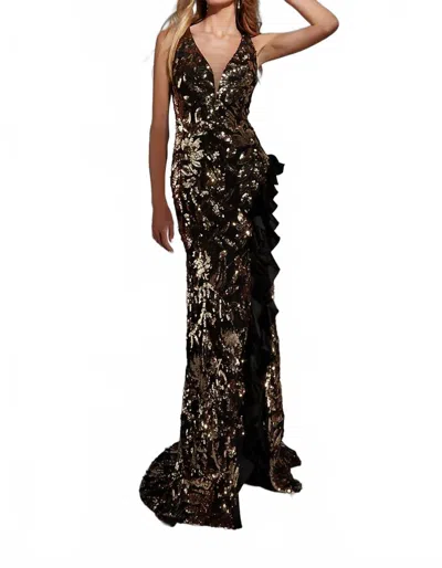 Alyce Paris Ruffle Sequin Plunging Neckline Gown In Black/gold