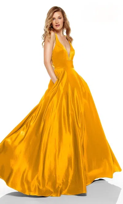 Alyce Paris Satin V Neck Cutout Back Gown In Marigold In Gold