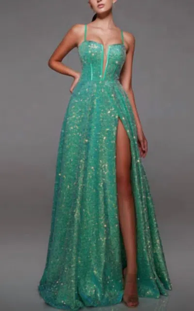 Alyce Paris Sequin Ball Gown With High Slit In Antifreeze In Green