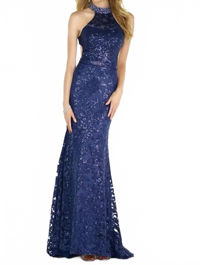 Alyce Paris Sequin Halter Laced Gown In Navy In Blue