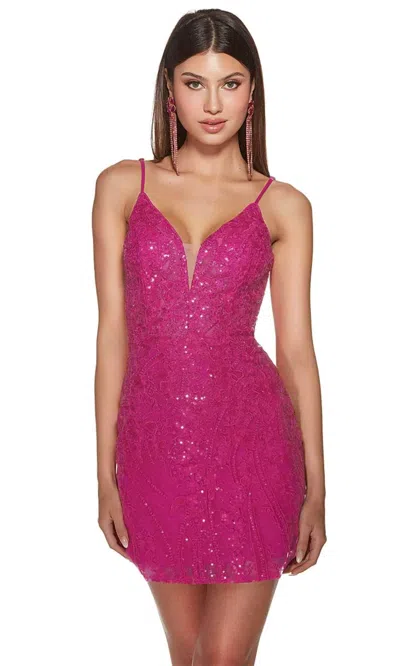 Alyce Paris Sequin Lace Plunging Neckline Cocktail Dress In Raspberry In Pink