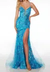 Alyce Paris Sequin Leg Slit With Lace-up Gown In Cerulean Blue In Multi