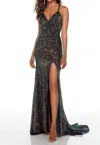 Alyce Paris Sequined High Slit Gown In Dragon Scale In Black